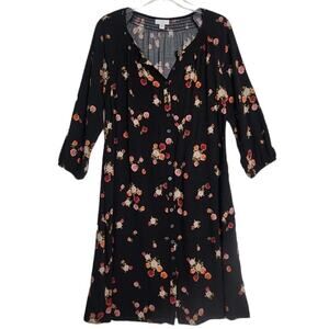 J. JILL WOMENS BLACK MIDI SHIRT DRESS BUTTON UP POCKETS 3/4 SLEEVE FLORAL SZ S